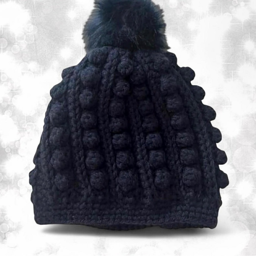 Cozy Handmade Dark Blue Crochet Pom Pom Beanie